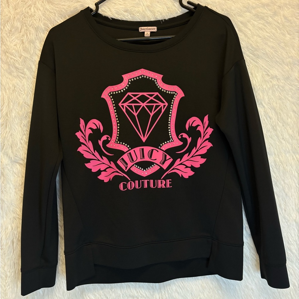 Juicy Couture Black Pink Rhinestone Crest Logo Pullover Sweatshirt | Size M 👑💕✨